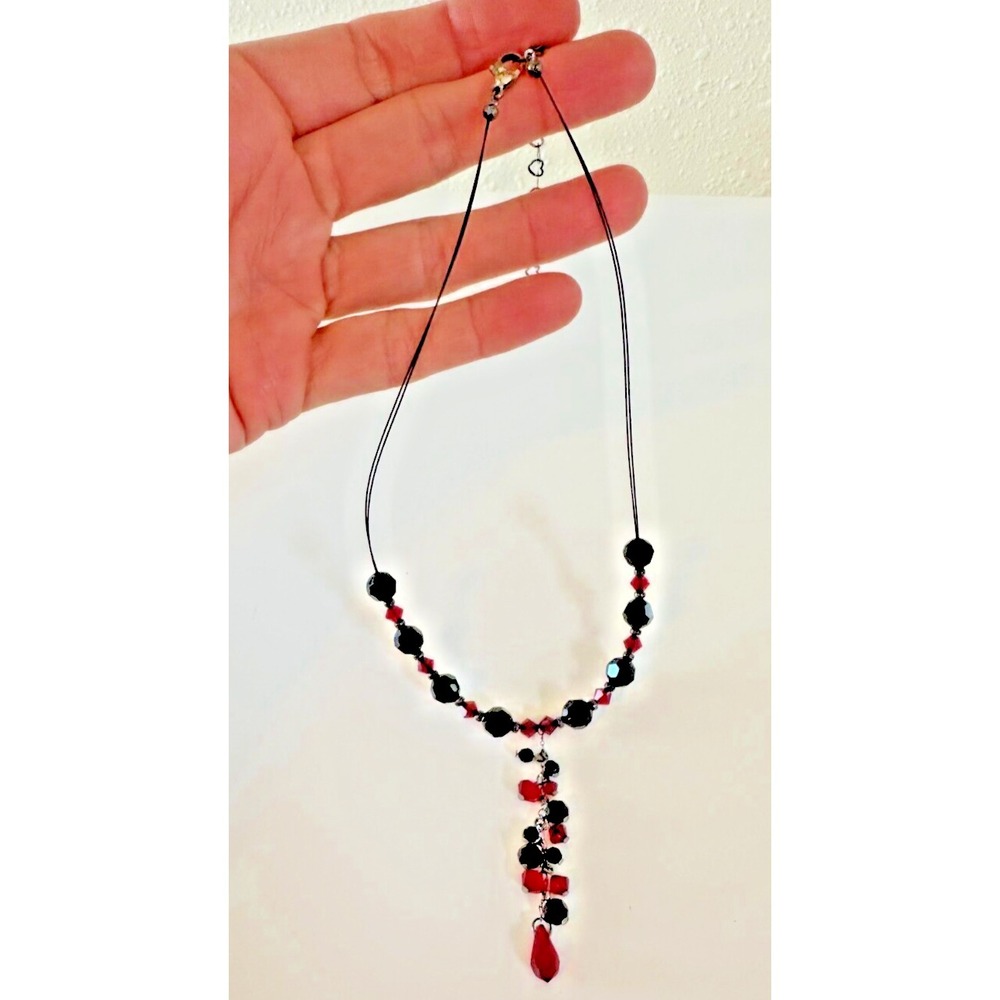 Sterling Silver Wire Necklace Red Grey Glass Bead Faceted Y Drop 12-18 in